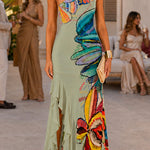 One Shoulder Floral Print Ruffle Hem Slit Maxi Dress