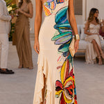 One Shoulder Floral Print Ruffle Hem Slit Maxi Dress