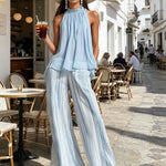 Vacation Light Blue Chiffon Sleeveless Top And Striped Wide-leg Pants Set
