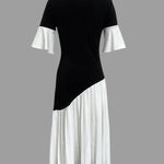 Flared Sleeves Half Sleeves Pleated Split-Joint Round-Neck Midi Dresses