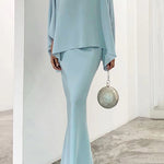 Batwing Sleeves Pearl Solid Color Round-Neck Shirts&Skirts Suits