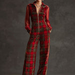 Retro Long-sleeved Mesh Red And Green Plaid Velvet Wide-leg Jumpsuit