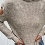Turtleneck Long Sleeve Solid Color Hollow Off Shoulder Sweater