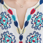 Loose Embroidered Floral Cotton Linen V-Neck 3/4 Sleeve Dress
