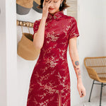 Burgundy&Red Plum Blossom Print Stand Collar Short Cheongsam
