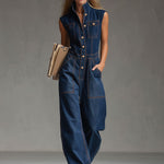 Casual Retro Multi-pocket Topstitching Dark Blue Denim Sleeveless Balloon Jumpsuit