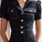 Tailored Button-Front Denim Short Jumpsuit With Short Sleeves