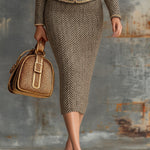 Vintage Herringbone Gold Trim Stand Collar Jacket And Skirt Set
