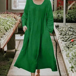 Round Neck Ruched Pocket Solid Long Sleeve Dress