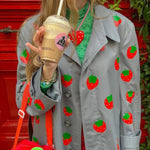 Fashion Fruit Print Long Coat Cherry Trench Coat