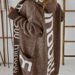 Long Elegant Stripe Cardigan Wool Long Sleeve Hooded Letter Knitted Coat