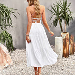 Sleeveless Lace-up Backless Smocked Tiered Maxi Dress Boho Long Beach Sundresses