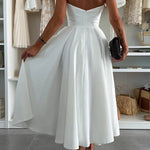 Sweet Cascade Solid Color Off Shoulder Pocket Full Hem Midi Dress