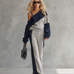 Casual Sportswear Patchwork One-shoulder Sweatshirt And Sweatpants Set