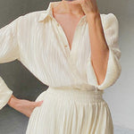 Pleated Two-Piece Set Long Sleeve Loose Fit Button Down Shirts Blouses Tops Wide Leg Pants Sets