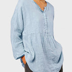Nadorine Plus Size Cotton and Linen Casual Loose V-neck Long-sleeved Shirt Top