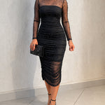 Women's 2 Piece Set Mock Neck Ruched Slit Beaded Mesh Dress and Strapless Slip Dress with Detachable Clear Straps