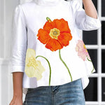 High-low Loose Flower Print Split-Joint Stand Collar T-Shirts Tops