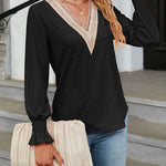 Solid Color Lace Patchwork V-Neck Loose-Fitting Long-Sleeved T-Shirt Top