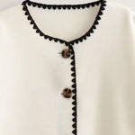 Nadorine Buttoned Crew Neck Loose Color Block Knitted Jacket