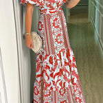 Irene Bohemian Print Off The Shoulder Belted Ruffle Maxi Dress