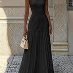 Sleeveless Gauze Pleated Solid Color Split-Joint Boat Neck Evening Dresses Maxi Dresses