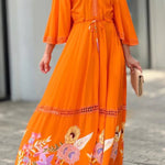 Elegant Unique Printed Lace Patchwork Lace Up Maxi Dress