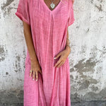 Bayside Bliss Linen Blend Short Sleeve Pleated Loose Midi Dress