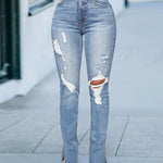 Ripped Jeans Classic High Waisted Side Split Denim Pants