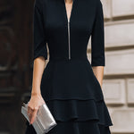 Zip-Front Tiered Midi Dress With Structured Waist
