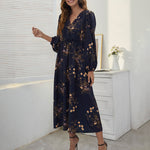 V Neck Long Sleeve Floral Print Maxi Dress