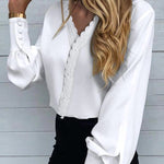 Nadorine Print V Neck Lace Long Sleeves Shirt Blouse Button Loose Tunic Top