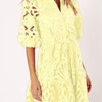 Solid Color Lace Cutout Balloon Sleeves and Waist Tie Mini Dress