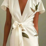 White Leaf Short Sleeve Satin Wrap Sheath Midi Dress
