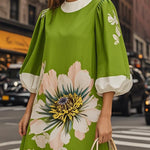 A-Line Loose Flower Print Pleated Round-Neck Mini Dresses