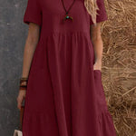 Loose Pocket Solid Color Round Neck Short Sleeve Dress