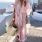 Nadorine Women's Boho Solid Color V Neck Short Sleeve Jumpsuits Ruffled Summer Beach Maxi Dress