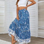 Nadorine Women's Bohemian Floral Skirt Elastic High Waist A- Line Tiered Flowy Beach Maxi Skirt