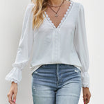 Zeagoo Zeagoo Women's Crochet Lace Basic V-Neck Shirts Elegant Long Sleeve Tunic Blouse Tops