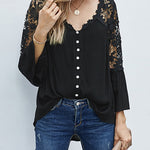 Nadorine Lace Boho Blouses Crochet Flowy Bell Sleeve Button Down Casual T Shirts