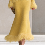 Retro-chic Yellow Knitted Skirt Set With Feather Fringe Details