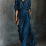 Women's Elegant Dark Blue Textured Pleated Fabric Shirt And Dress Set