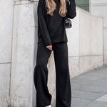 Solid Color Knitted Pullover Turtleneck Sweater Set Loose Top + Pants