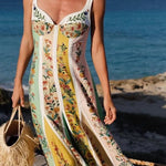 Sweet Garden Linen Blend Color Block Floral Paneled Maxi Dress