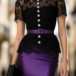 Black lace top and purple mermaid-style maxi skirt evening set (includes belt)