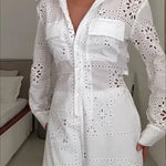 Vivi Embroidered Lace Cutout Long Sleeve Pocket Elastic Waist Loose Shirt Jumpsuit