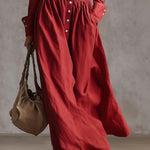 Exquisite Retro Western Lapel Front Button Red Windbreaker Style Cotton And Linen Maxi Dress
