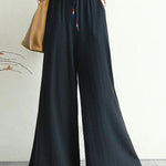 Artistic Ramie Cotton Drawstring Elasticity Loose Wide-Leg Pants