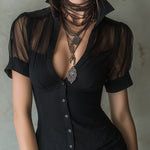 Retro Chiffon Patchwork Blouse & Bodycon Skirt Set
