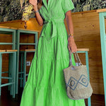 Loose Short Sleeves Striped Lapel Maxi Dresses
